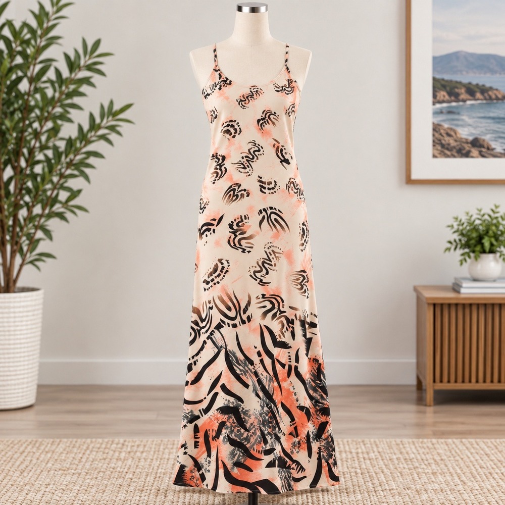 Connection 18 Maxi Dress Small Peach Black Abstract Tribal Spaghetti Straps